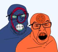 2soyjaks blue_skin clenched_teeth debian glasses linux logo open_mouth orange_skin shaved soyjak stubble ubuntu variant:feraljak wrinkles // 1269x1136 // 206.6KB