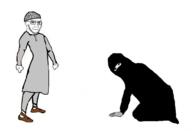 arm beaten_wife closed_mouth clothes concerned frown full_body glasses hand hat islam leg niqab soyjak stubble subvariant:soyak_(irritated) taqiyah variant:soyak veil woman // 782x543 // 107.7KB