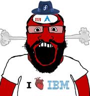 GNULinux angry arch_linux arm balding beard clothes fedora fedora_linux fume glasses hair hat heart i_love ibm open_mouth red_skin rent_free soyjak subvariant:science_lover tshirt variant:markiplier_soyjak // 800x850 // 118.3KB