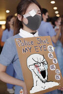 blood bloodshot_eyes china chinese_text crying despicable_me facemask female glasses irl large_eyebrows open_mouth sign soyjak stretched_mouth stubble taiwan text variant:soyak // 801x1200 // 215.3KB