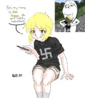 14natehiggers88 brimstone clothes glasses hair holding_object minecraft nazism pedophile soyjak stubble subvariant:wholesome_soyjak swastika teeth text thigh_highs variant:gapejak yellow_hair // 982x1126 // 408.6KB