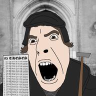 angry brown_eyes brown_hair christianity clothes hair hat his_(4chan) history martin_luther open_mouth soyjak text variant:cobson white_skin // 971x971 // 145.8KB