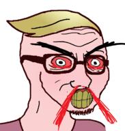 angry blood bloodshot_eyes clenched_teeth clothes glasses hair large_eyebrows merge soyjak stubble variant:feraljak variant:wojak white_skin yellow_hair yellow_teeth // 715x750 // 184.1KB