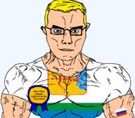 arm arrow award blue_eyes bow buff christianity clitty clitty_leakage closed_mouth clothes eastern_orthodox eyes_like_the_o-o-cean flag flag:kirov_oblast flag:russia glasses hair kirov_oblast oblast orthodox_cross russia soyjak subvariant:chudjak_front subvariant:muscular_chud text transparent transparent_background tsar tshirt variant:chudjak vein yellow_hair // 1059x929 // 101.9KB