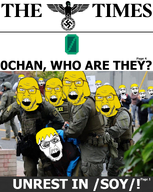 0chan angry armed arrest black_text blond boogeyman crazed eyebrows glasses hair janny meta:not_oc multiple_soyjaks nate nazism news newspaper nose open_mouth police soy_(soyjak_party) soysurgency stubble swastika teeth text third_great_soysurgency thougher variant:feraljak variant:soyak white_text wing yellow_hair // 757x953 // 830.6KB