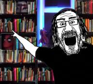 arm boba_fett book bookshelf clothes deadpool glasses hair hand irl_background magneto marvel mustache open_mouth pointing soyjak star_wars stubble variant:markiplier_soyjak // 834x750 // 1.1MB