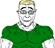 arm blue_eyes buff chud closed_mouth clothes ear eyebrows front_facing glasses green_shirt hair lips merge series:fusionjaks smile soyjak stubble subvariant:chudjak_front subvariant:muscular_chud template transparent_background trend:aryan tshirt variant:bernd variant:chudjak variant:chudjak2 vein white_skin wholesome wide_eyes yellow_hair // 1059x929 // 51.9KB