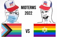 2022 bloodshot_eyes brainlet cap clothes crying democrat flag glasses hat judaism lgbt progress_pride_flag republican soyjak star_of_david stubble text variant:soyak // 747x492 // 34.5KB