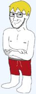closed_mouth clothes crossed_arms full_body glasses nate smug soyjak stubble swim_trunks that_one_fucking_picture_of_nate_being_a_smug_little_bastard variant:soyak yellow_hair // 423x1104 // 124.4KB