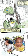 arm comic firearm glasses gun hand irl locket niglet open_mouth russo_ukrainian_war soldier soyjak stubble text ukraine variant:soyak // 640x1280 // 431.9KB