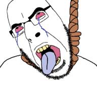 anhero bloodshot_eyes crying dead glasses hanging open_mouth rope soyjak stubble suicide template variant:cobson yellow_teeth // 768x719 // 15.6KB