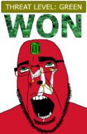 ahegao country emerald flag flag:isle_of_man gem glasses green green_eyes hair isle_of_man leg looking_up open_mouth schlog_color_event soyjak soyjak_blog stubble teeth text threat_level_green variant:cobson won // 721x1115 // 182.3KB