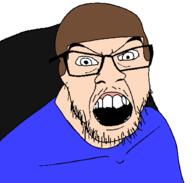 blue_shirt brown_hair chair dave_(moldygh) dave_and_bambi friday_night_funkin' glasses hair open_mouth soyjak stubble variant:feraljak video_game wheelchair white_skin // 1336x1270 // 15.6KB