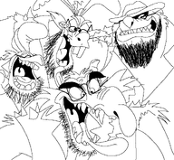 beard bonnie_(fnaf) bunny_ears chica_(fnaf) clothes ear five_nights_at_freddy's foxy_(fnaf) freddy_fazbear gaping_mouth glasses hat jacket multiple_soyjaks open_mouth spikes stubble teeth teeth_showing tongue variant:unknown // 1297x1199 // 96.2KB