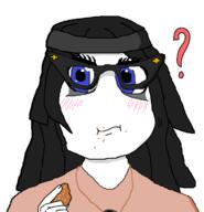 avengers blue_eyes blushing closed_mouth clothes confused crumbs eating female food glasses hair hand holding_object question_mark soyjak variant:soytan // 680x705 // 53.6KB