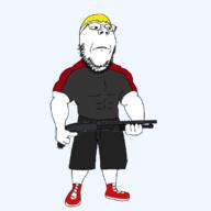 blond buff closed_mouth frown full_body glasses gun muscles nate shooting stubble subvariant:wholesome_soyjak variant:gapejak // 800x800 // 203.7KB