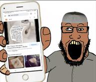 arm brown_skin clothes cross_eyed cyrillic_text glasses hand hat holding_object holding_phone iphone islam open_mouth phone soyjak stubble subvariant:phoneplier subvariant:phoneplier_vertical variant:markiplier_soyjak yellow_teeth // 1201x1022 // 122.5KB