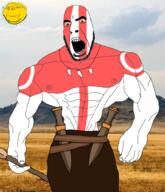 2soyjaks belt brown_eyes buff closed_mouth field glasses holding_object holding_spear indo_european irl_background knife necklace nipple objectsoy open_mouth sky smile soyjak spear stubble subvariant:wholesome_soyjak sun variant:cobson variant:gapejak war warrior // 859x1000 // 879.5KB