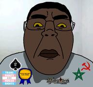 angry award big_lips black_skin closed_mouth communism erika_furudo_(namefag) flag:transgender_pride_flag glasses hair hammer_and_sickle irl_background japanese_text looking_at_you meta:namefags nose queen_of_spades spade star_(symbol) subvariant:bernchud sweating text tranny trans_rights_are_human_rights umineko variant:bernd variant:chudjak yellow_sclera // 1200x1125 // 280.5KB