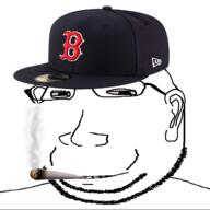 baseball baseball_cap bloodshot_eyes boston_red_sox cap clothes ear eyelids glasses hat no_eyebrows red_eyes small_eyes smile smoke smoking soyjak stubble subvariant:massjak subvariant:wholesome_soyjak variant:gapejak weed // 600x600 // 106.7KB