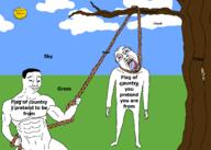 3soyjaks arm bloodshot_eyes buff closed_mouth clothes country countrywar crying drawn_background ear full_body glasses grass hand hanging holding_object holding_rope irl label larp leg lynching noose open_mouth outdoors rope smile smug soyjak stubble subvariant:wholesome_soyjak sun text tongue tree variant:bernd variant:chudjak variant:gapejak yellow yellow_skin yellow_teeth // 2100x1500 // 156.6KB