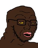 amerimutt black_skin cross_eyed fat glasses nigger open_mouth retarded soyjak squinting stubble variant:soyak yellow_sclera yellow_teeth // 644x800 // 14.0KB