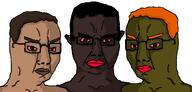 3soyjaks bloodshot_eyes brapjak_farty brown_hair brown_lips brown_skin chudjak_brothers fartycuck glasses hair jake looking_at_you nigger orange_hair red_lips red_sclera shemmycuck shitskin trend:jartycuck variant:chudjak // 1238x592 // 63.8KB