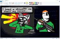 ak-47 avtomat_kolashnikova brusg ear furry green_shirt grey_hair low_resolution magazine microsoft ms_paint orange_hair paint pico pixel_art queen_of_spades racoon sean skinwalker stubble subvariant:hornyson text variant:cobson windows // 1541x1010 // 99.2KB