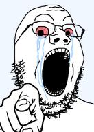 aliased big_eyes bloodshot_eyes crazed crying glasses hand nails open_mouth pointing pointing_at_viewer red_eyes soyjak stubble tear template transparent_background variant:gapejak // 612x857 // 24.3KB