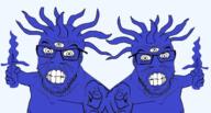 2soyjaks arm blue_skin clenched_teeth ear glasses hand holding_object monster multiple_eyes mustache pointing pointing_at_viewer soyjak stubble sword variant:feraljak wrinkles // 1252x671 // 681.0KB
