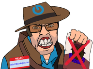 5_o_clock_shadow blue_eyes brown_hair brown_skin clothes gravatar hair hand hat hello_my_name_is_(sticker) holding_object jimboclittyleakagearchive_(namefag) meta:namefags nose rage seething showing_something sniper_(tf2) team_fortress_2 teeth tinted_glasses transparent_background valve variant:alicia variant:feraljak video_game white_skin // 2592x1934 // 548.5KB
