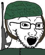 assault_rifle eyes glasses green_helmet green_shirt gun helmet helmet_strap military military_uniform mouth mouth_open nose rifle scratch stubble teeth teeth_showing text uniform variant:soyak // 500x621 // 84.2KB