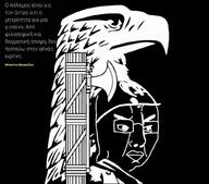 axe benito_mussolini bird black_background eagle eyebrows facism feather glasses greek_text quote uniform variant:chudjak wordswordswords // 1024x900 // 257.1KB