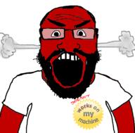 alternate angry beard clothes fume g_(4chan) glasses open_mouth red_skin smoke soyjak subvariant:science_lover technology tshirt variant:markiplier_soyjak works_on_my_machine // 800x789 // 152.4KB