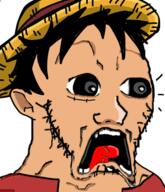 clothes ear glasses hat luffy one_piece open_mouth red_shirt scared soyjak stubble subvariant:doctos template tongue variant:soyak // 331x385 // 102.4KB