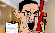 amerimutt arm brown_skin central_intelligence_agency crying ear firearm glasses gun hair hand holding_gun holding_object holding_rifle mass_shooter mcdonalds open_mouth rifle text trend:glowie united_states variant:chudjak weapon // 1126x685 // 319.9KB