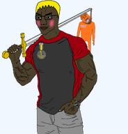 2soyjaks ack arm badge bald bloodshot_eyes blush brown_skin buff closed_mouth clothes crying eyebrows foot full_body glasses hair hand hanging holding_object holding_sword jawline jubille_(user) leg lips looking_to_the_left muscles name_tag nate nose nusoi nusoicaca open_mouth orange_skin rope smile soot_colors soyjak_party stubble subvariant:hunky_twink_sex_machine sword teeth text transparent_background variant:bernd variant:chudjak vein wrinkles wristwatch yellow_hair yellow_teeth // 1834x1913 // 278.3KB