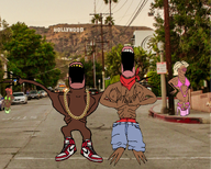 4soyjaks bandana bikini black_skin chain gang_signs gold gold_chain golden_tooth grills hair high_heels irl irl_background jeans jewelry mouth_open no_eyes prostitute sagging_pants series:fusionjaks series:niggerboy_experiments shoe subvariant:fingerboy subvariant:niggerboy underpants variant:a24_slowburn_soyjak whore wig // 1250x1000 // 1.9MB
