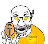 antenna badge clothes glasses glowing_eyes hand perro_hold soyjak stubble text tshirt tuxler variant:el_perro_rabioso yellow_eyes // 430x400 // 43.5KB
