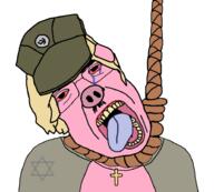 animal bloodshot_eyes christianity clothes cross crying ear female glasses hair hanging hat judaism marichka nazism necklace oink open_mouth pig pink_skin rope russo_ukrainian_war snout soyjak star_of_david subvariant:patrick suicide swastika ukraine variant:chudjak yellow_hair // 926x836 // 229.5KB