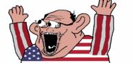 amerimutt animated arm balding brown_skin clothes country ear eyes_popping flag glasses hair hand hands_up open_mouth soyjak stubble subvariant:waow tongue united_states variant:soyak // 1427x685 // 230.3KB