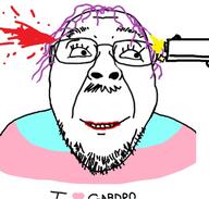 blood death flag glasses gun i_love purple_hair shooting soyjak stubble suicide text tranny variant:bernd // 722x689 // 90.0KB