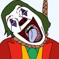 ACK! ack bloodshot_eyes clothes clown clown_nose crying dc dc_comics dead green_hair hair hanging joker joker_(2019) joker_(dc) joker_folie_a_deux makeup movie open_mouth rope soyjak stubble suicide suit variant:bernd zoot // 771x773 // 30.3KB