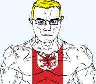 animal arm bird blue_eyes buff closed_mouth clothes country flag flag:west_pomeranian glasses griffin hair leg poland soyjak subvariant:chudjak_front subvariant:muscular_chud transparent transparent_background tshirt variant:chudjak vein voivodeship west_pomeranian yellow_hair // 1059x929 // 100.5KB