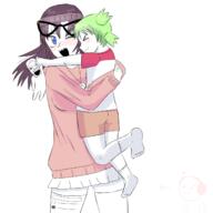 4chan anime beanie blue_eyes blush clothes doll eyelashes female foot full_body hair happy hugging necklace plush soy soyjak soylent tranny_artstyle variant:qa_tan variant:soytan yotsoyba yuri // 1378x1378 // 500.2KB