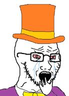 bloodshot_eyes bowtie charlie_and_the_chocolate_factory clothes crying glasses hand hat open_mouth soyjak stubble suit top_hat variant:soyak willy_wonka // 780x1085 // 133.3KB