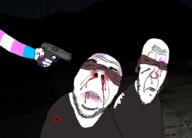 blindfold blood glasses gun holding_gun multiple_soyjaks soyjak stubble tranny transgender_flag variant:Cobbert variant:dubbbzjak // 1000x720 // 122.0KB