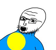 flag flag:palau glasses hair looking_to_the_left open_mouth palau soyjak stubble teeth torso variant:A24k wrinkles // 466x415 // 11.7KB