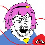 angry anime clothes female glasses hair komeiji_satori mustache open_mouth purple_hair soyjak stubble touhou variant:feraljak video_game // 1000x1000 // 186.2KB