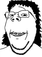 eyebrows glasses hair looking_at_you mullet mustache nose pooner raised_eyebrow smile soyjak stubble variant:gapejak wrinkles // 750x1000 // 156.1KB